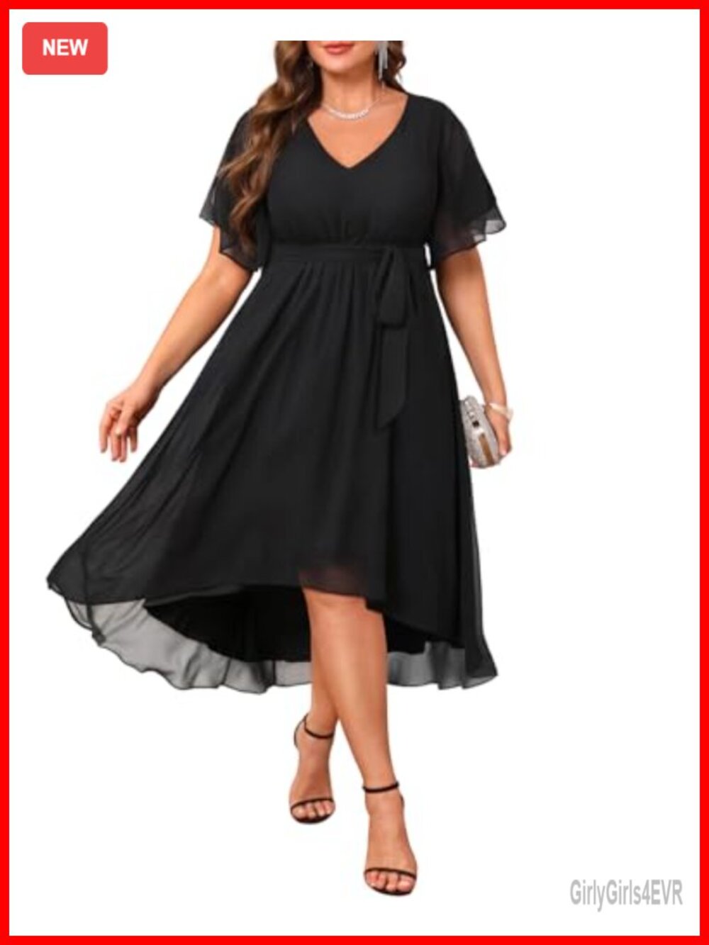 Plus Size Chiffon High Low Dress Flutter Sleeve Wedding Guest Formal
